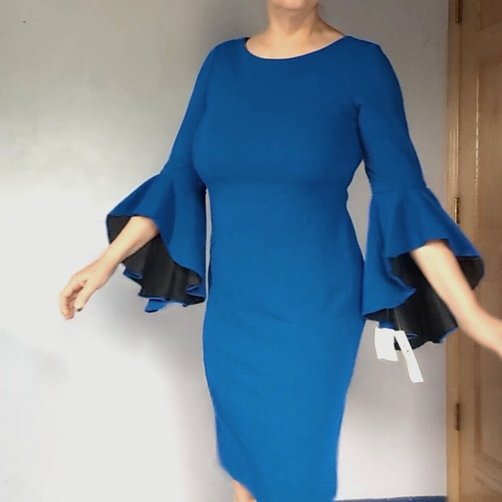 Curvy Cobalt Blue dress w/ robust tiered bell sleeves